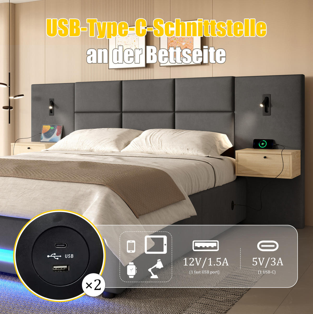 BETT mit Stauraum 180x200 cm Samt Dunkelgrau mit USB-C und LED - Dunkelgrau, Metall (180/200cm) - Meubliv