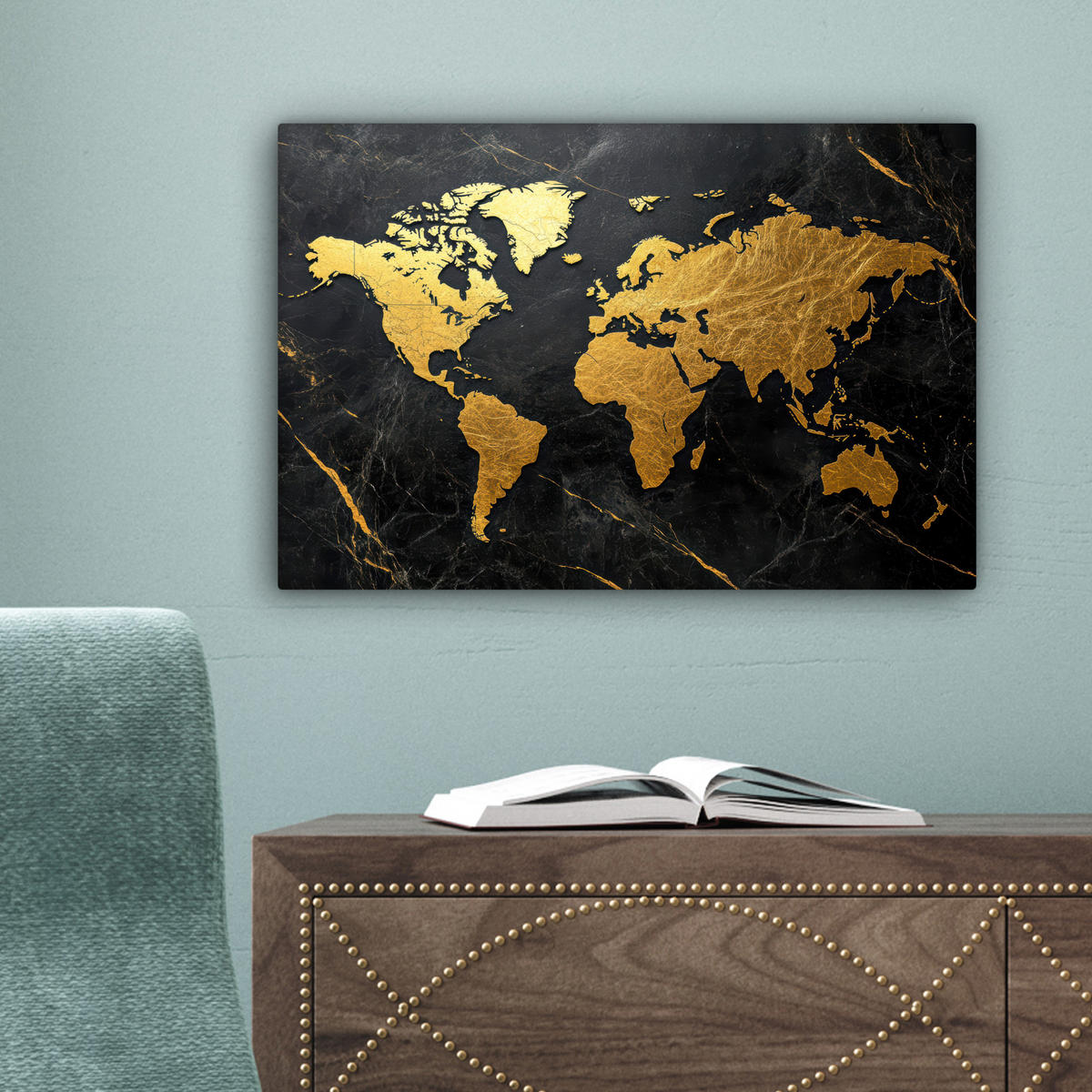 LEINWANDBILD Weltkarte - Gold - Marmor Deko Schlafzimmer 30x20 cm - Goldfarben, Textil (30/20cm) - MuchoWow