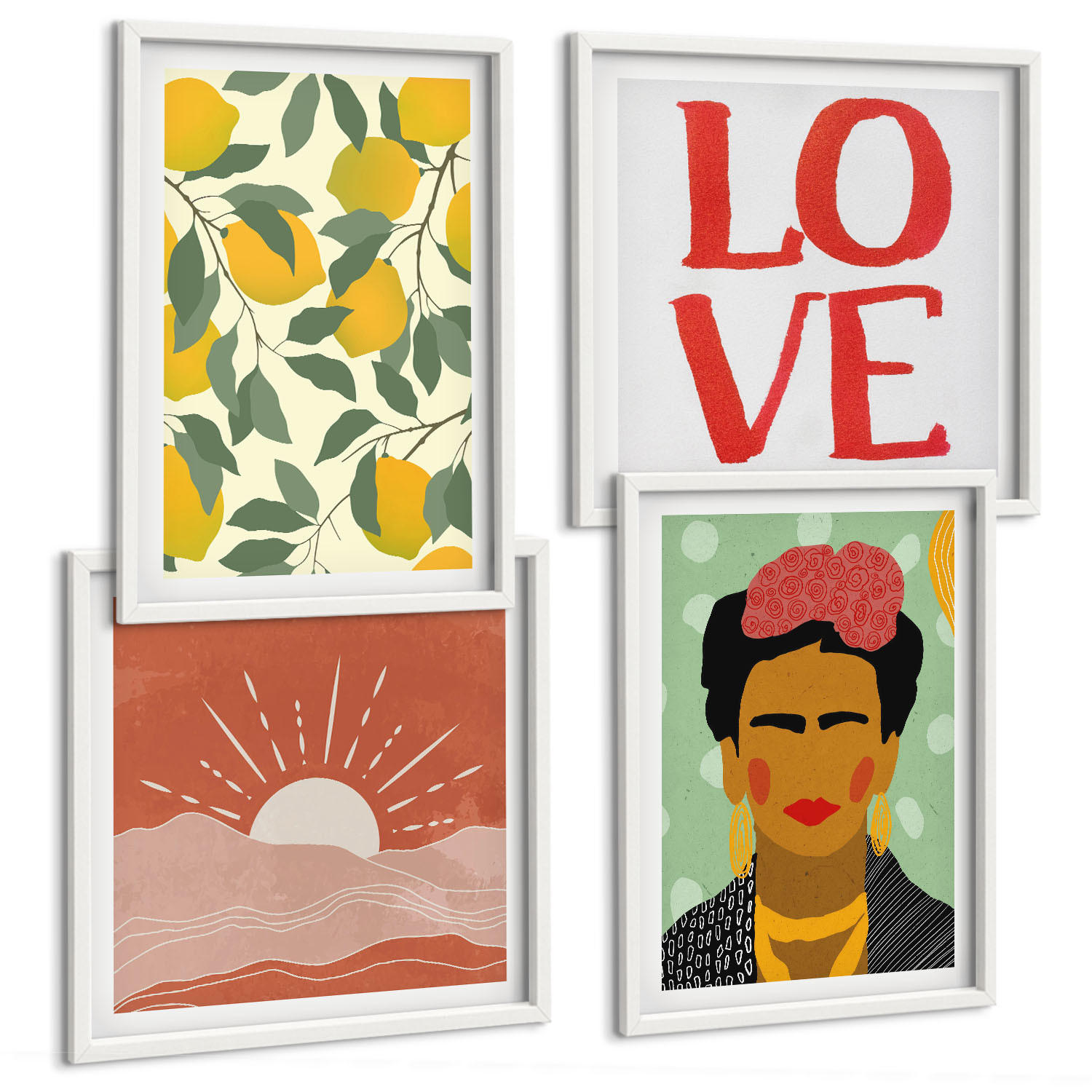 BILDER SET 4er Set - 50x50 cm & 40x60 cm Weißer Rahmen - Zitronen Inschrift Liebeslandschaft Frida - Weiß, Kunststoff (50/50cm) - TULUP