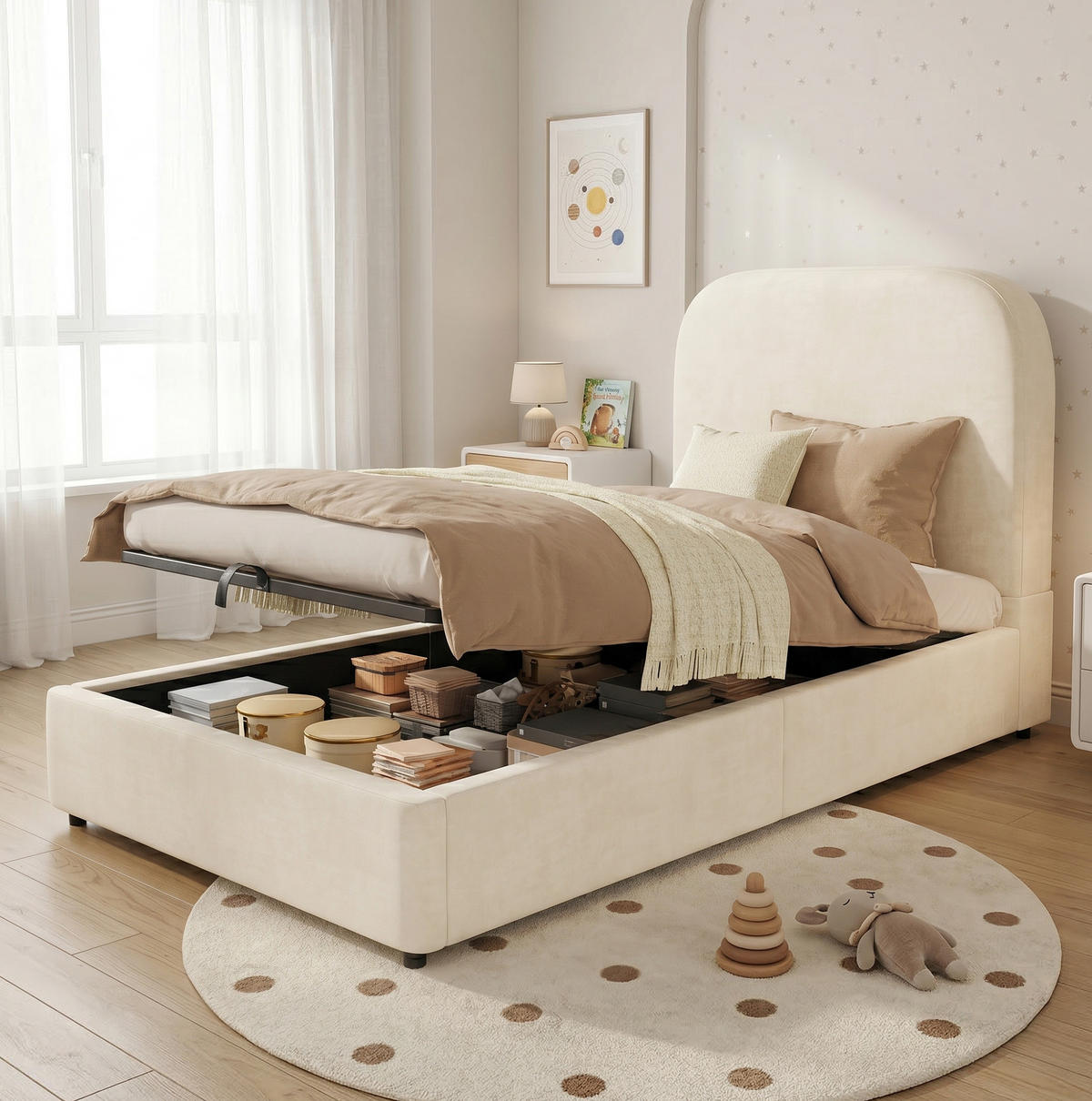 KINDERBETT 90/190 cm mit hydraulischem Bettkasten, Lattenrost und gepolstertem Kopfteil aus Samt, Beige - Beige, Textil (90/190cm) - Redom