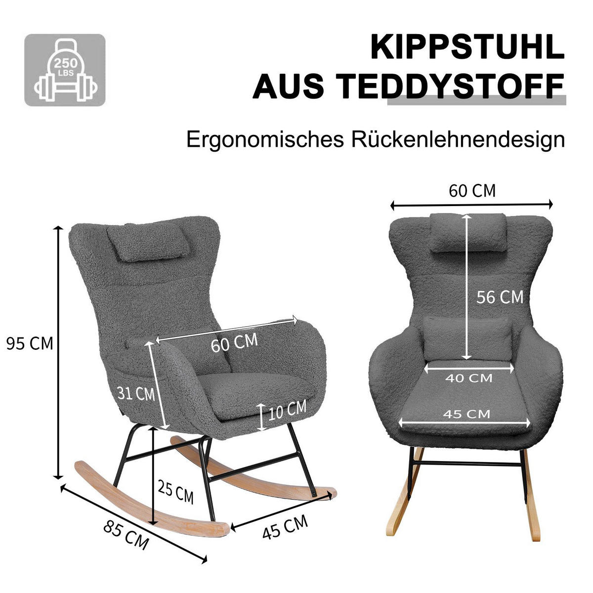 SCHAUKELSTUHL 60/85/95 cm Grau mit Massivholzrahmen für Wohnzimmer Schlafzimmer Balkon - Grau, Textil (85/95/60cm) - OKWISH