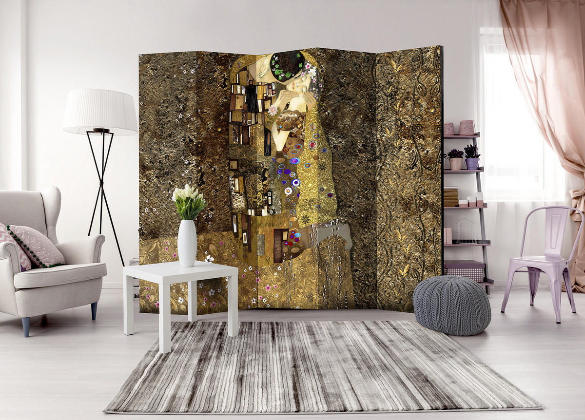 PARAVENT Einseitig Bedruckter 5-tlg 225x172 cm Der Kuss von Klimt - Braun, Holz/Textil (225/172/3cm) - Muralo