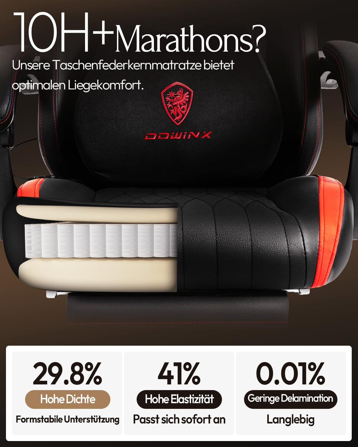 GAMING Stuhl mit Massagefunktion & Lendenwirbelstütze & Nackenstütze - Rot, Leder (56/123/70cm)