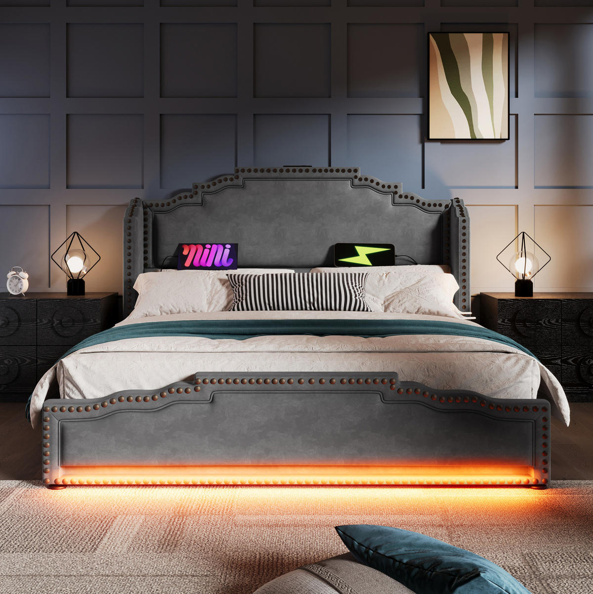 BETT mit 4 Schubladen, LED & USB-C 160x200 cm Samt Grau inkl. Matratze - Grau, Metall (160/200cm) - Meubliv