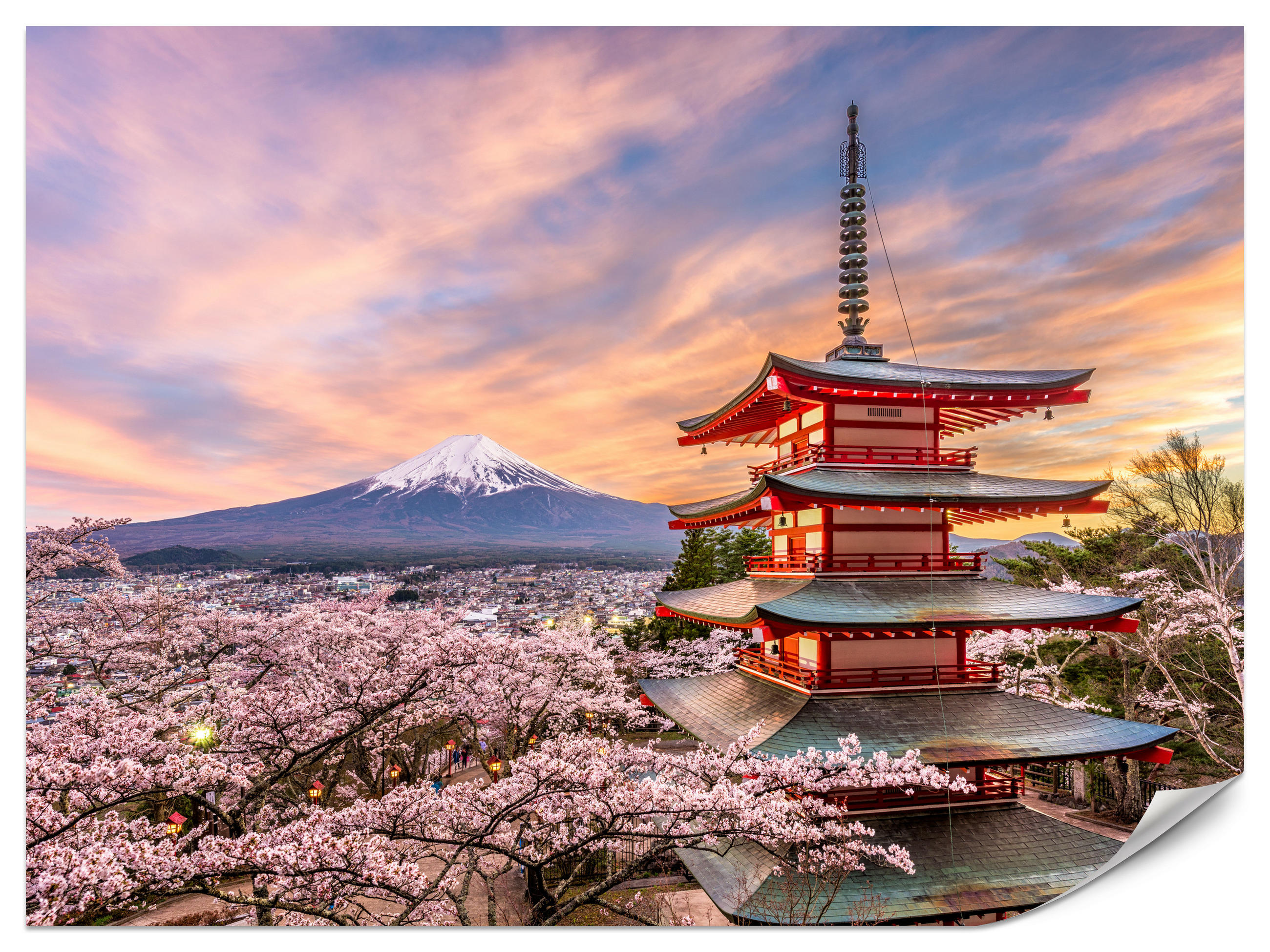 FOTOTAPETE für Wohnzimmer Japanische Pagode Frühling Sonnenuntergang 150x105 - Rot/Violett, Papier (150/105cm) - Muralo