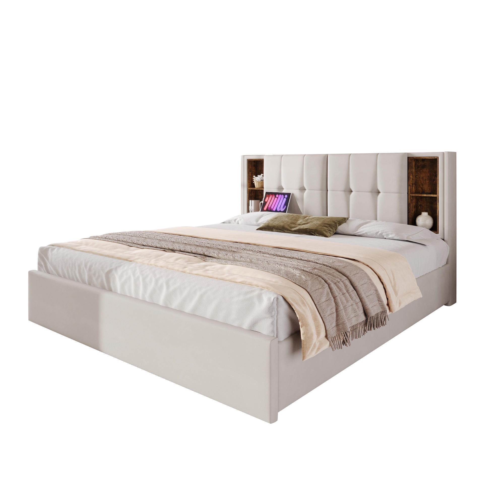 POLSTERBETT 160/200 cm mit Schubladen, kabellosem Laden & USB/Typ-C, Samt Beige - Beige, Textil (160/200cm) - Redom