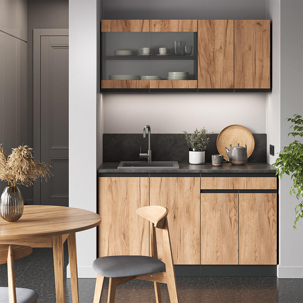 SINGLEKÜCHE R-Line Goldkraft Eiche/Anthrazit 140 cm J-Shape - Honigeiche/Anthrazit, Holzwerkstoff (140/81.6/46cm) - Vicco