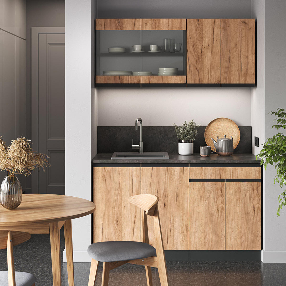 SINGLEKÜCHE R-Line Goldkraft Eiche/Anthrazit 140 cm J-Shape - Honigeiche/Anthrazit, Holzwerkstoff (140/81.6/46cm) - Vicco
