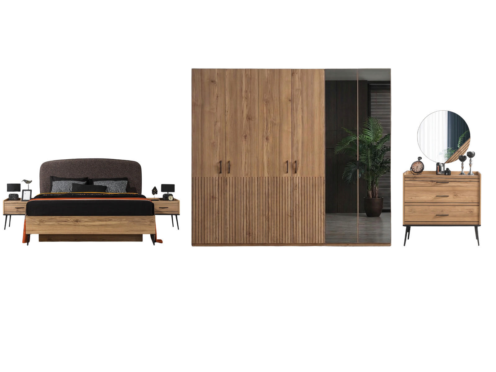 BETTANLAGE CIZGI Schlafzimmer-Set, 5-teilig, Eiche, Bett mit Kopfteil 2 Nachttischen Kommode und Kleiderschrank - Eichefarben, Holzwerkstoff (160/200cm)