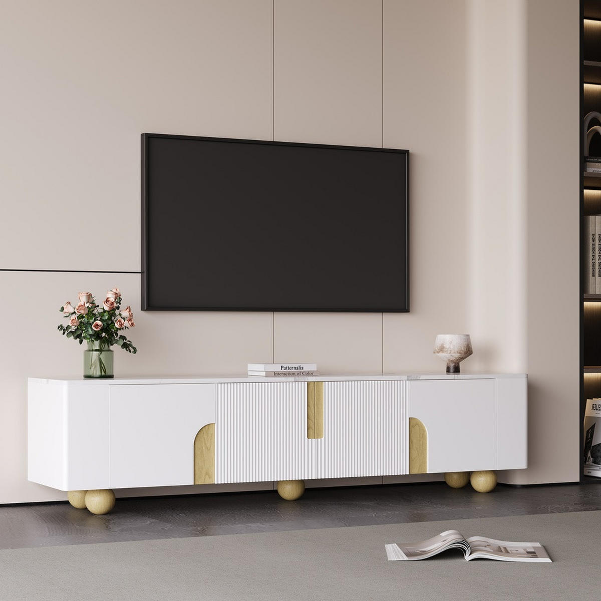 TV-SCHRANK 180cm Weiß 4 Türen Marmoroptik kugelförmige Holzfüße - Weiß, Holz (43.99/35.18/50.8cm) - FLIEKS