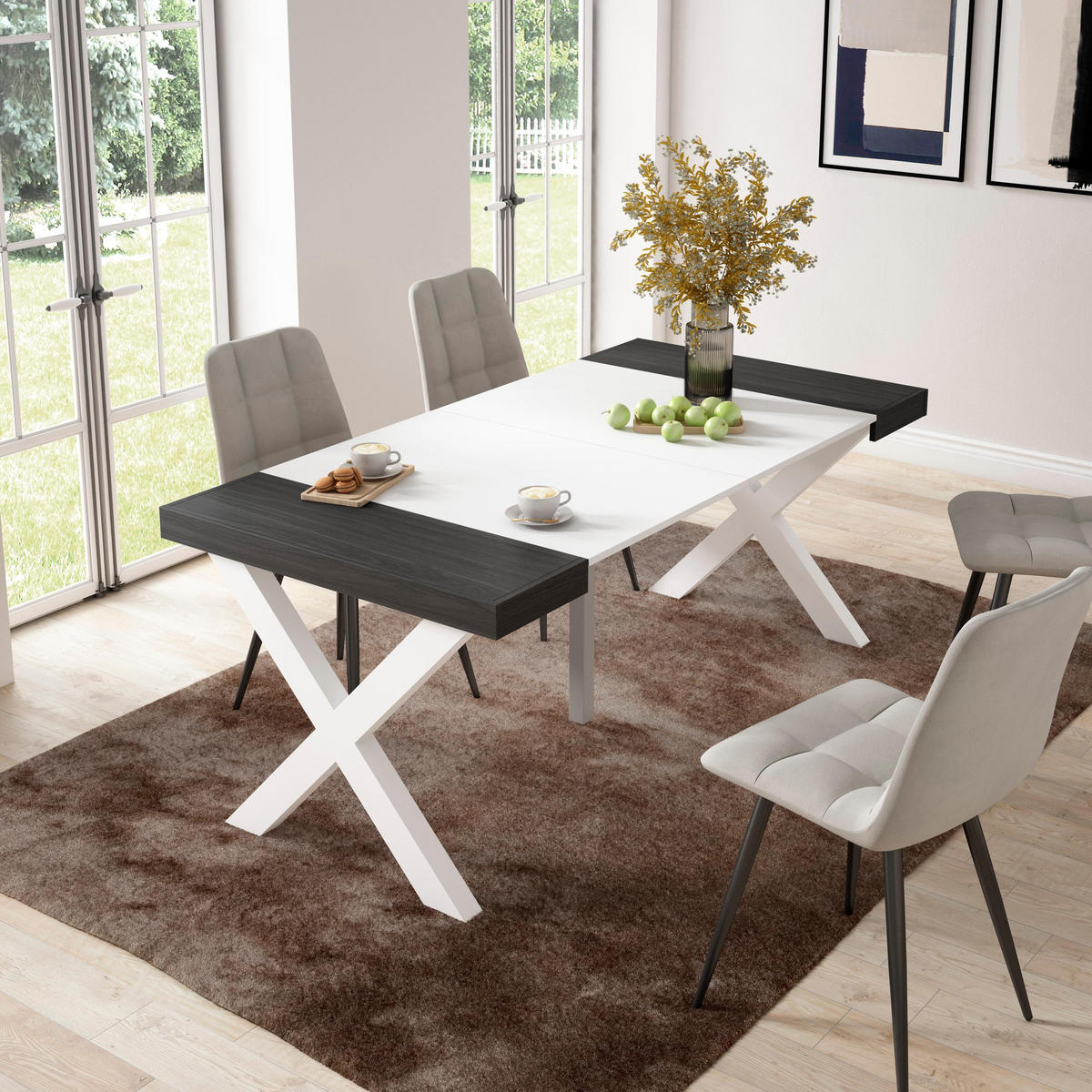KONSOLENTISCH ausziehbar 58 bis 180cm, für 8 Gäste, weiß schwarz, 90/58/73cm - Multicolor/Schwarz, Holzwerkstoff (90/180/73cm) - Skraut Home