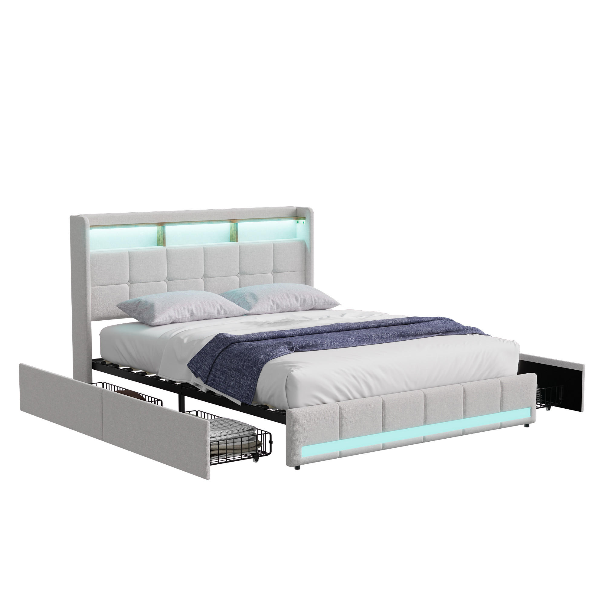SHOPENTRA LNĚNÁ postel 140x200cm béžová LED 4 zásuvky USB typ-C