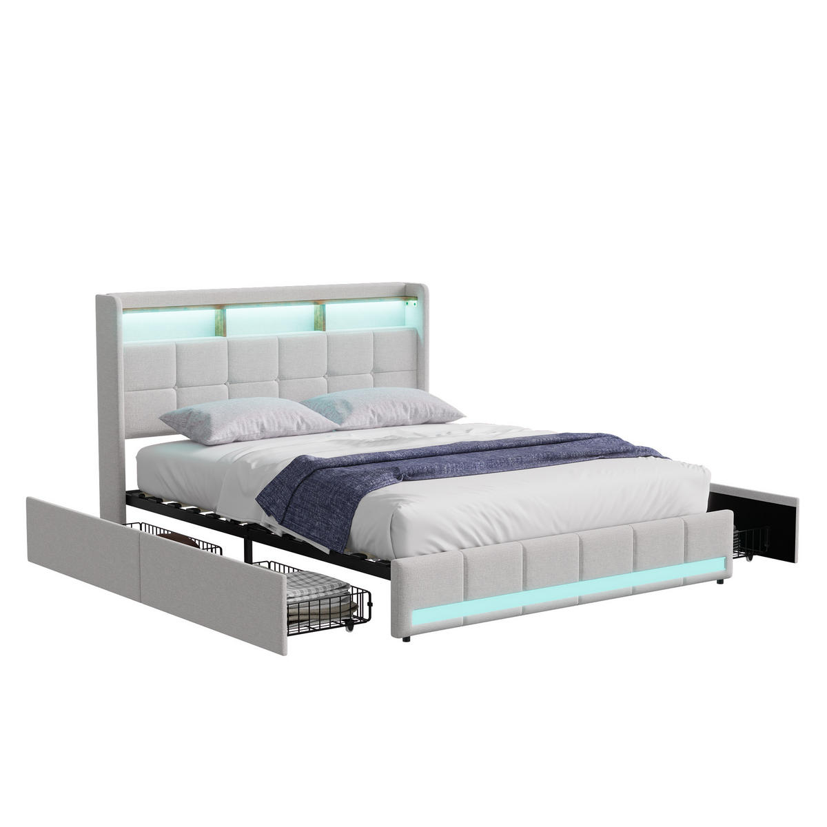 POLSTERBETT 160x200 cm LED USB Schubladen Stauraum beige - Beige, Holz (160/200cm) - LEBENLANG