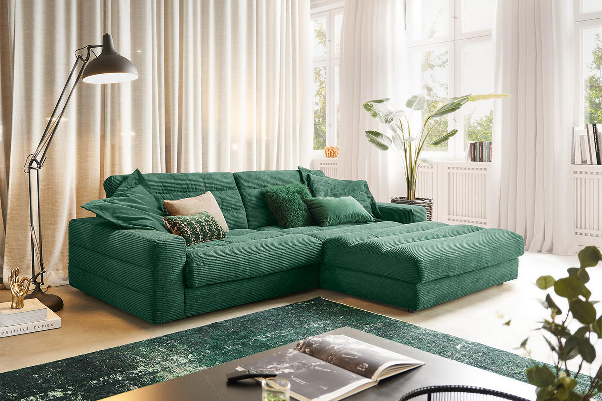 ECKSOFA LANA SOFA Smaragdgrün Cord - Smaragdgrün/Schwarz, Textil (296/205cm) - KAWOLA