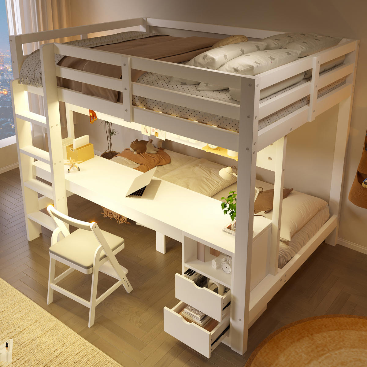 HOCHBETT 140/200 cm & 90/200 cm in Weiß mit Schubladen, Schreibtisch, Lochplatte und LED - Weiß, Holz/Holzwerkstoff (140/200cm) - CHICFURN