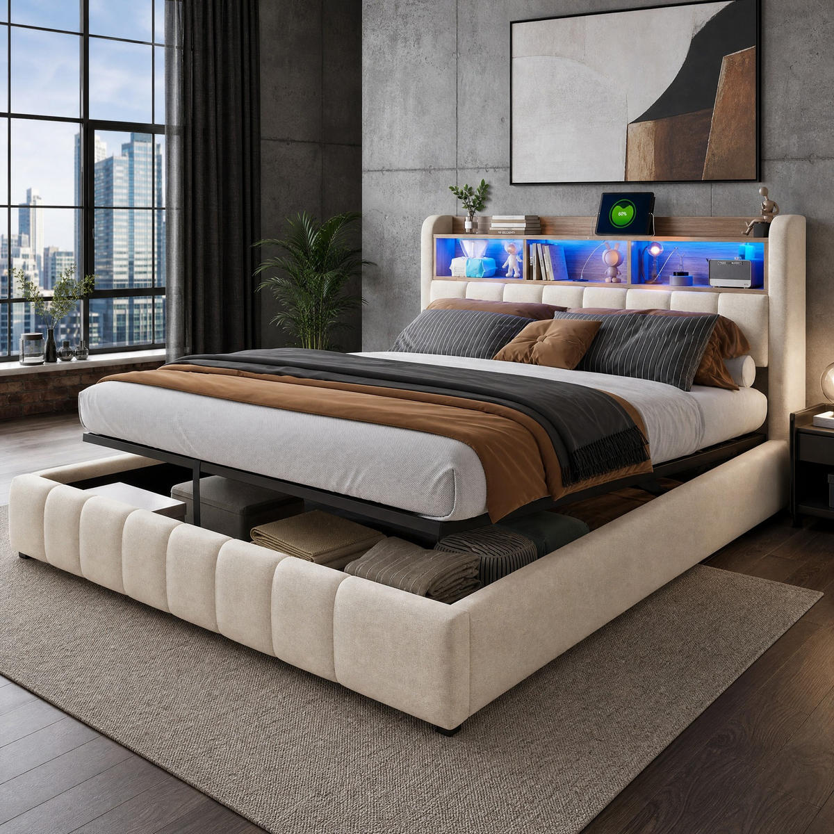 POLSTERBETT 180/200 cm aus Leinenstoff mit LED-Beleuchtung, Beige - Beige, Textil (180/200cm) - OKMYHOME