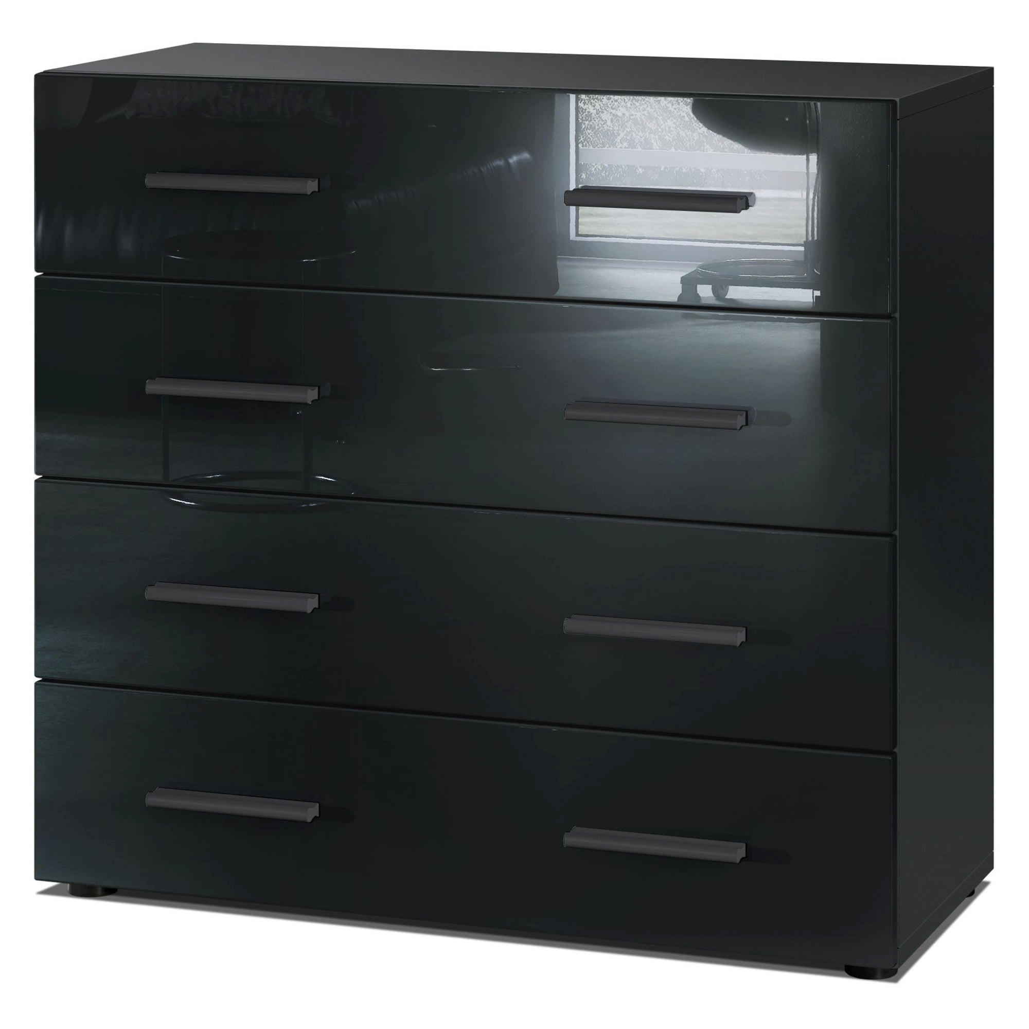 KOMMODE Den, Sideboard mit 4 Schubladen, Made in Germany, Moderner Schrank, Schwarz matt / Schwarz Hochglanz (76 x 72 x 35 cm) - Schwarz Hochglanz, Holzwerkstoff (76/72/33cm) - InnoFurn