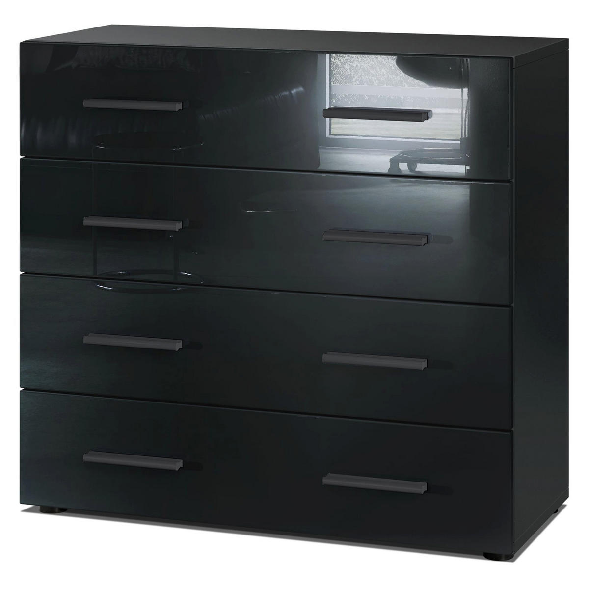 KOMMODE Den, Sideboard mit 4 Schubladen, Made in Germany, Moderner Schrank, Schwarz matt / Schwarz Hochglanz (76 x 72 x 35 cm) - Schwarz Hochglanz, Holzwerkstoff (76/72/33cm) - InnoFurn