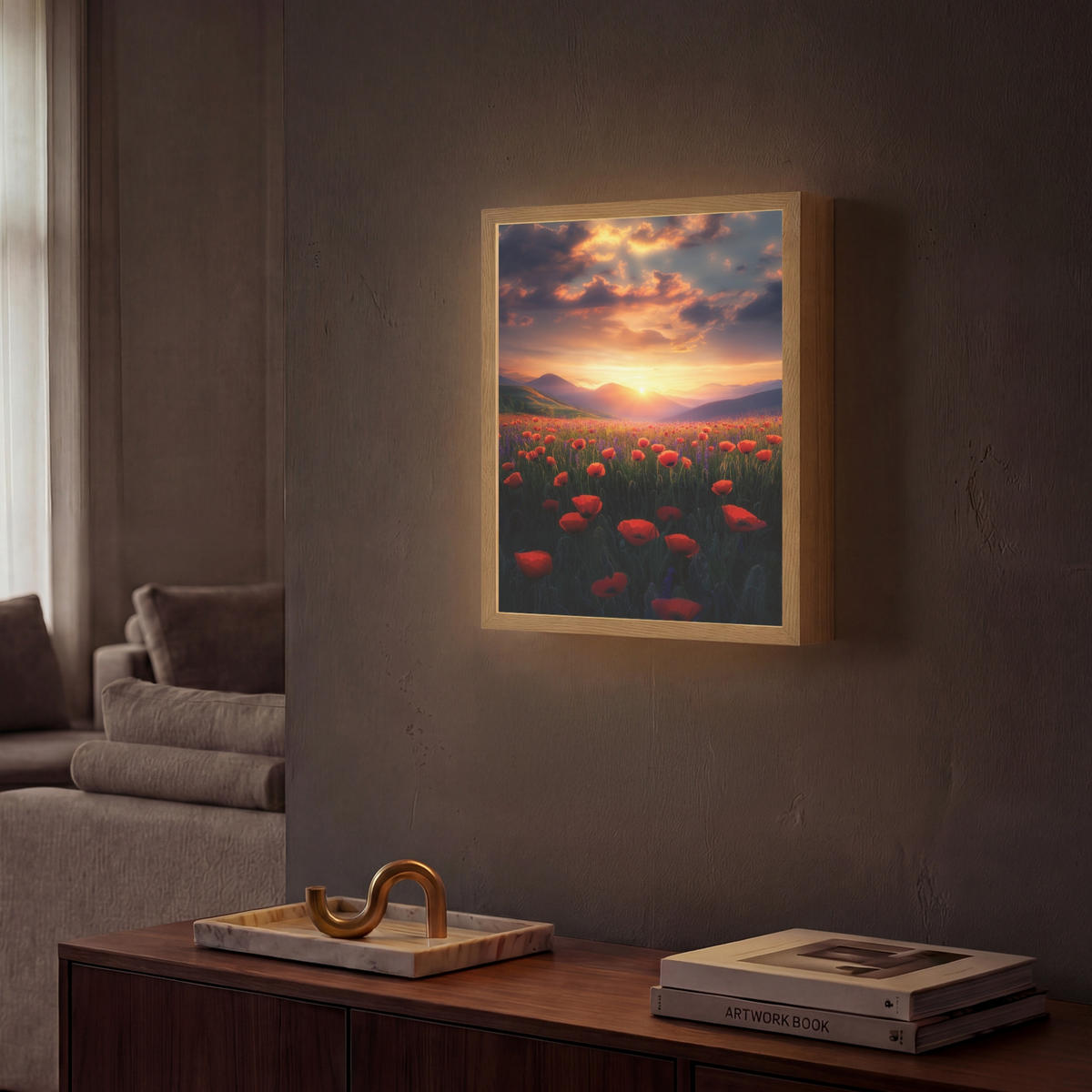 WANDLEUCHTE MIT AKKU Landschaft - Sonnenuntergang - Blumenfeld 30x40 cm - Rot, Holzwerkstoff (30/40/8cm) - OnlyWow