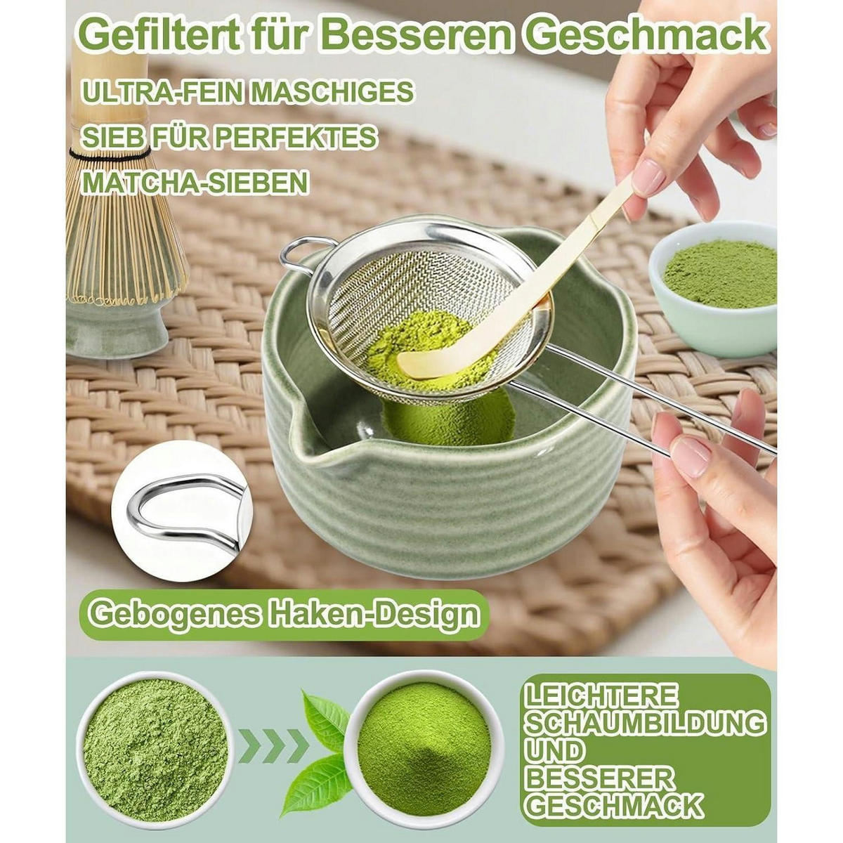 MATCHA Set 5-teilig Bambus mit Besenhalter und Sieb - Grün, Naturmaterialien (10/10/10cm)