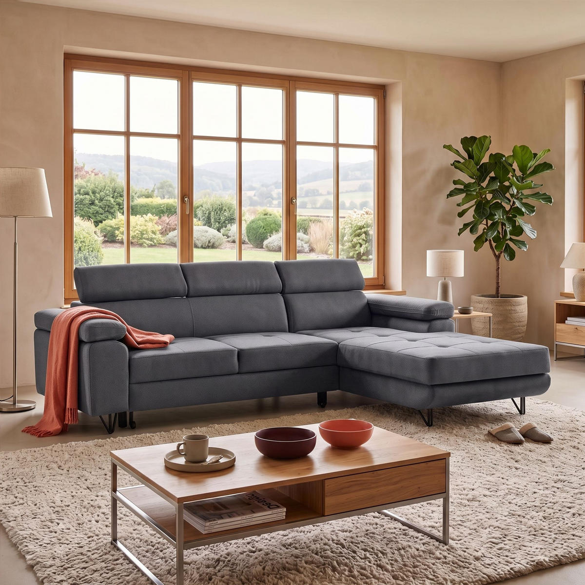 ECKSOFA NORIS L Rechts mit Schlaffunktion 128x203 Velours Dunkelgrau - Dunkelgrau/Schwarz, Holz/Textil (183/250cm) - Muffo