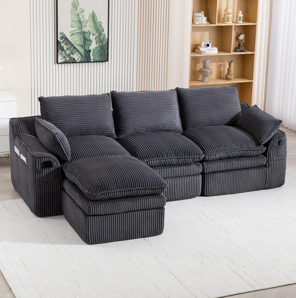 SOFA modular mit Fußbank 263 x 167 cm Corduroy Dark Gray - Grau, Kunststoff (167/263cm) - Meubliv