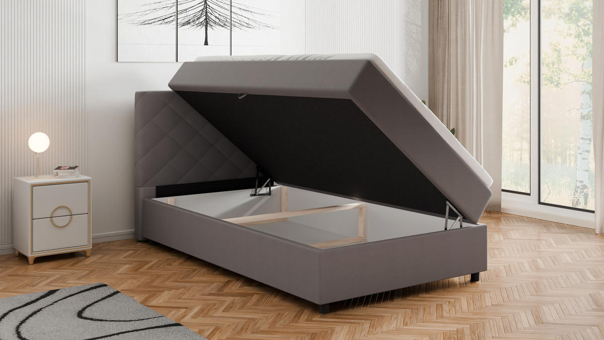 BOXBETT Diamaro 120x200 cm mit Bettkasten und Topper - Dunkelgrau - Grau, Holz (120/215cm) - Panda Möbel