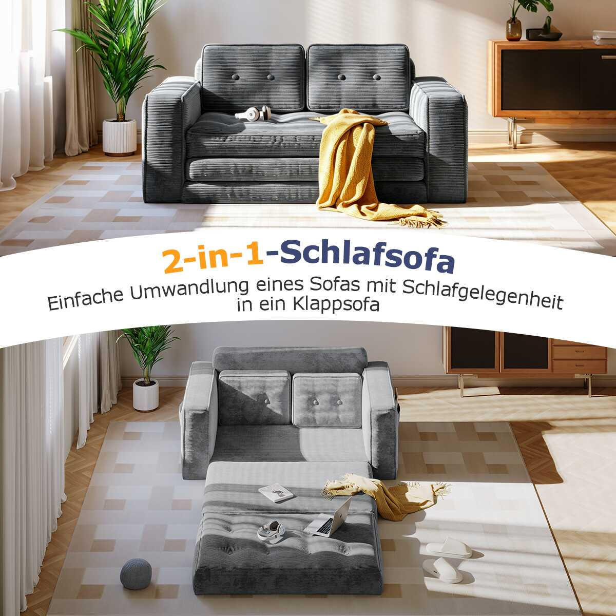 SOFA 2-Sitzer, 143 CM, mit 2 Kissen und Armlehnen,für Wohnzimmer, Schlafzimmer,aus Cord,Grau - Grau, Textil (92/42/143cm)