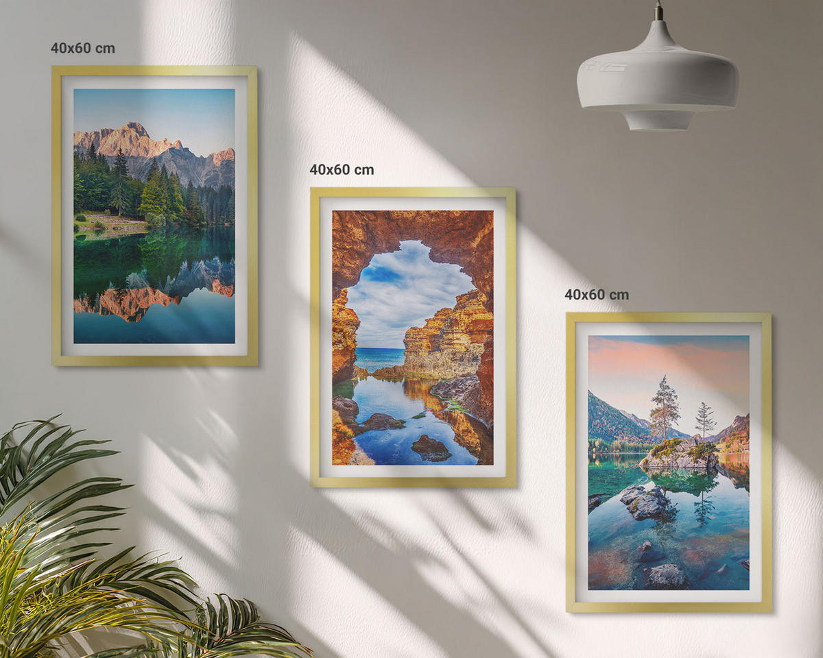 WANDBILDER 3er Set - 40x60 cm Goldrahmen - Spiegelungen der Felsen in Bergseen - Goldfarben, Kunststoff (40/60cm) - ArtPrintCave