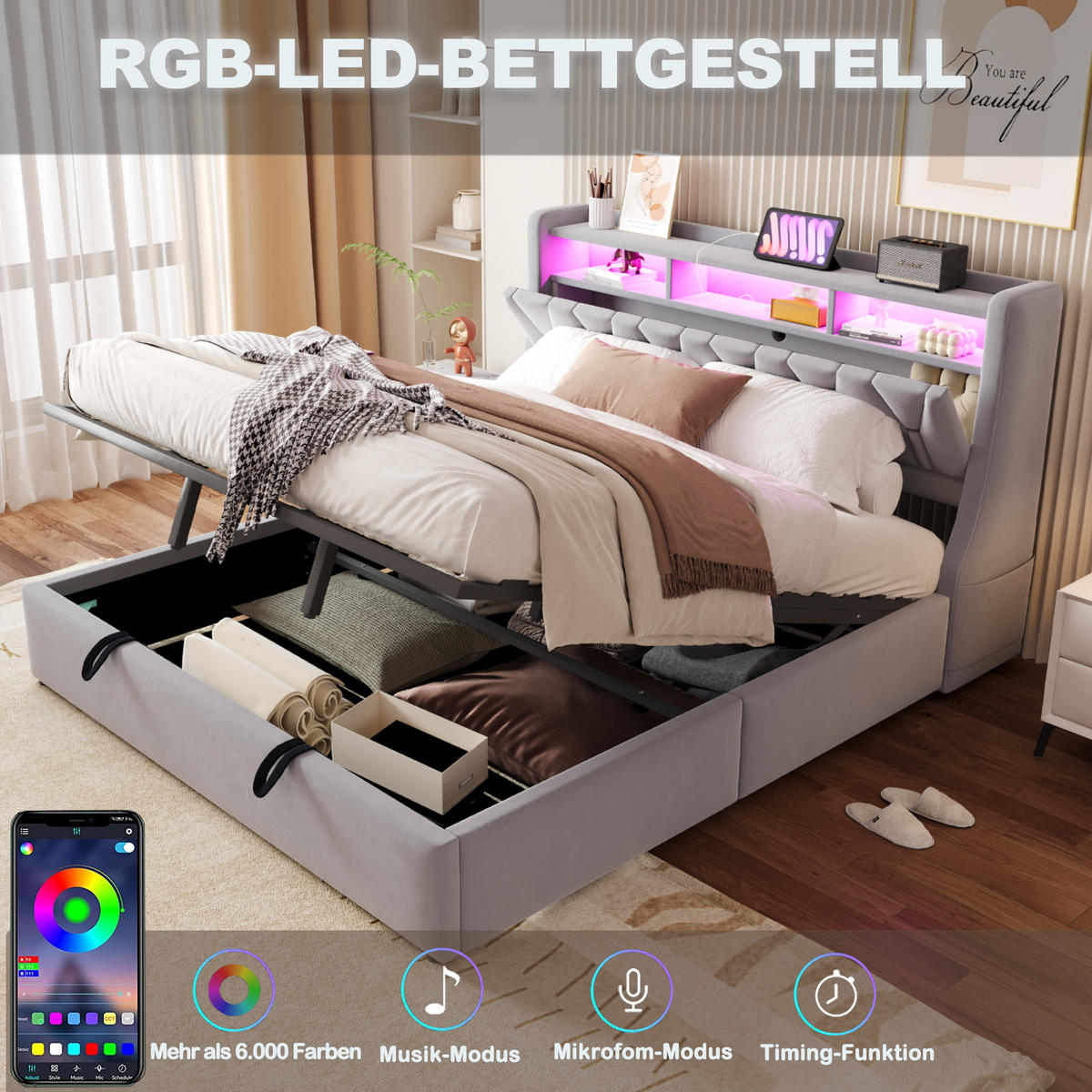 POLSTERBETT 180/200 cm Hellgrau aus Samt mit Stauraum mit LED-Beleuchtung - Hellgrau, Textil (180/200cm) - OKWISH