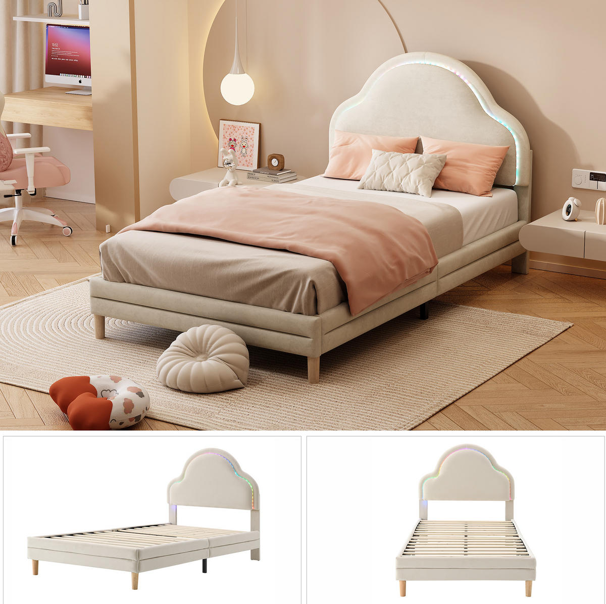 KINDERBETT 90/200 cm mit LED-Lichtleiste und wolkenförmigem Kopfteil, Samt, Beige - Beige, Textil (90/200cm) - Redom