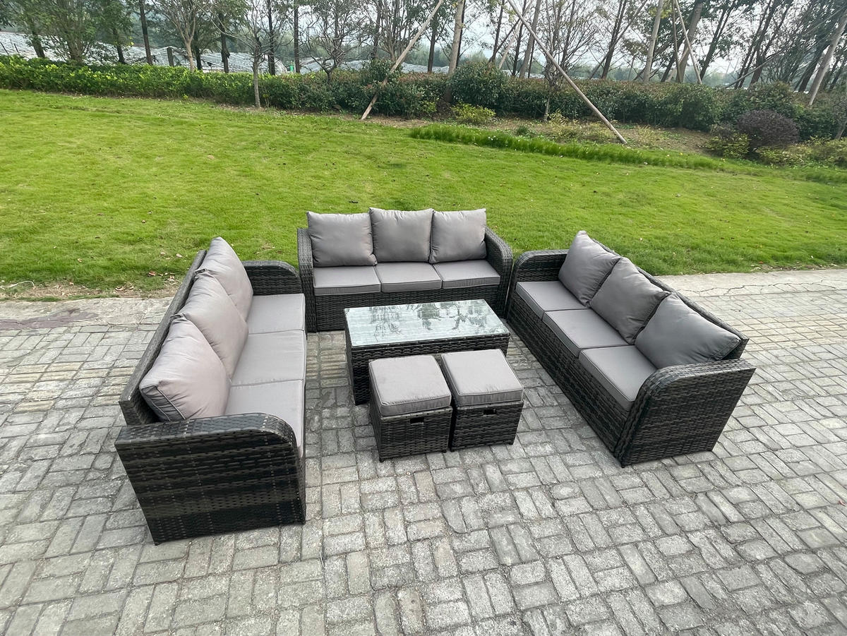 GARTENSOFA SET mit rechteckigem COUCHTISCH Polyrattan 11-Sitzer Dunkelgrau - Dunkelgrau/Grau, Glas/Kunststoff - Fimous
