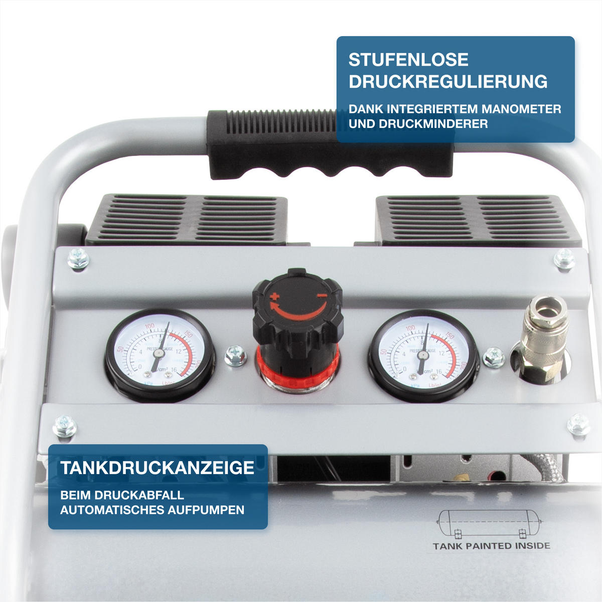 SILENT Kompressor SAC75008IC (9 bar, 8L, tragbar, ÖLFREI, 49 dB, 750 W / 1 PS) - Silberfarben, Metall (41/41/36cm) - HYUNDAI
