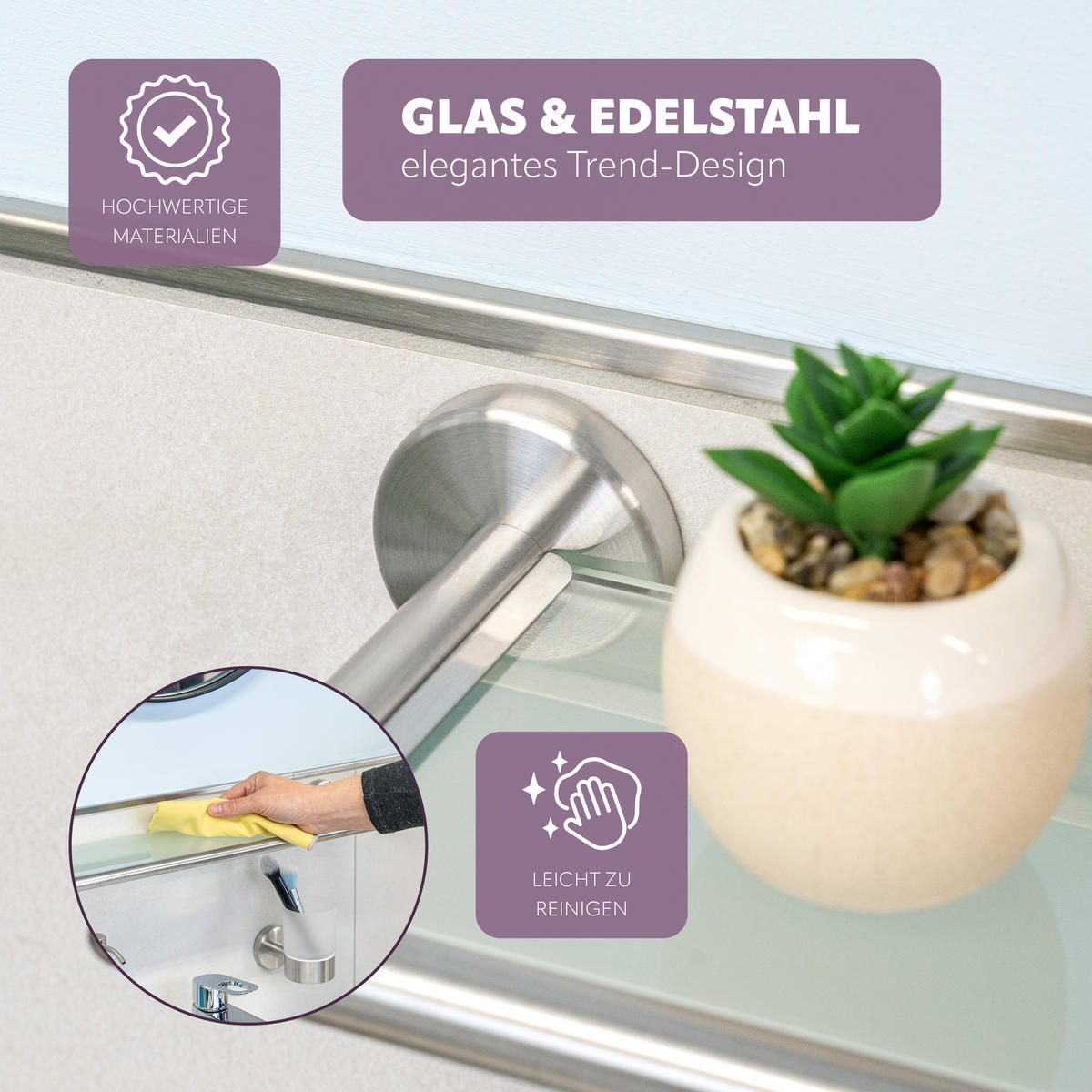 GLASABLAGE PIAZZA inkl.Klebematerial, Edelstahl, matt - Edelstahlfarben, Glas (54/6/14cm) - bremermann