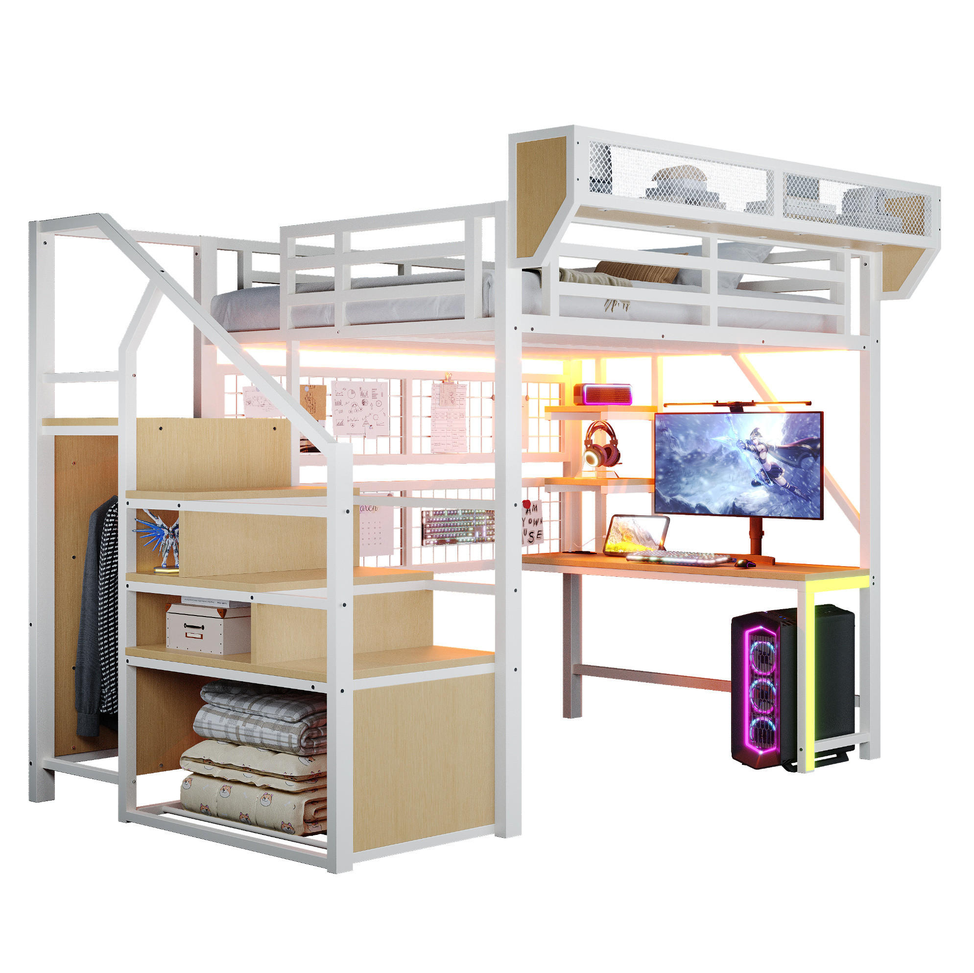 HOCHBETT 140/200 cm mit Schreibtisch, Regal, LED-Beleuchtung und Steckdose, Weiß - Weiß, Holzwerkstoff (140/200cm) - Redom