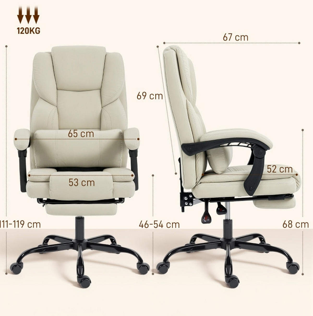 BÜROSTUHL höhenverstellbar mit Fußstütze Beige - Beige, Kunststoff (65/119/67cm) - Meubliv