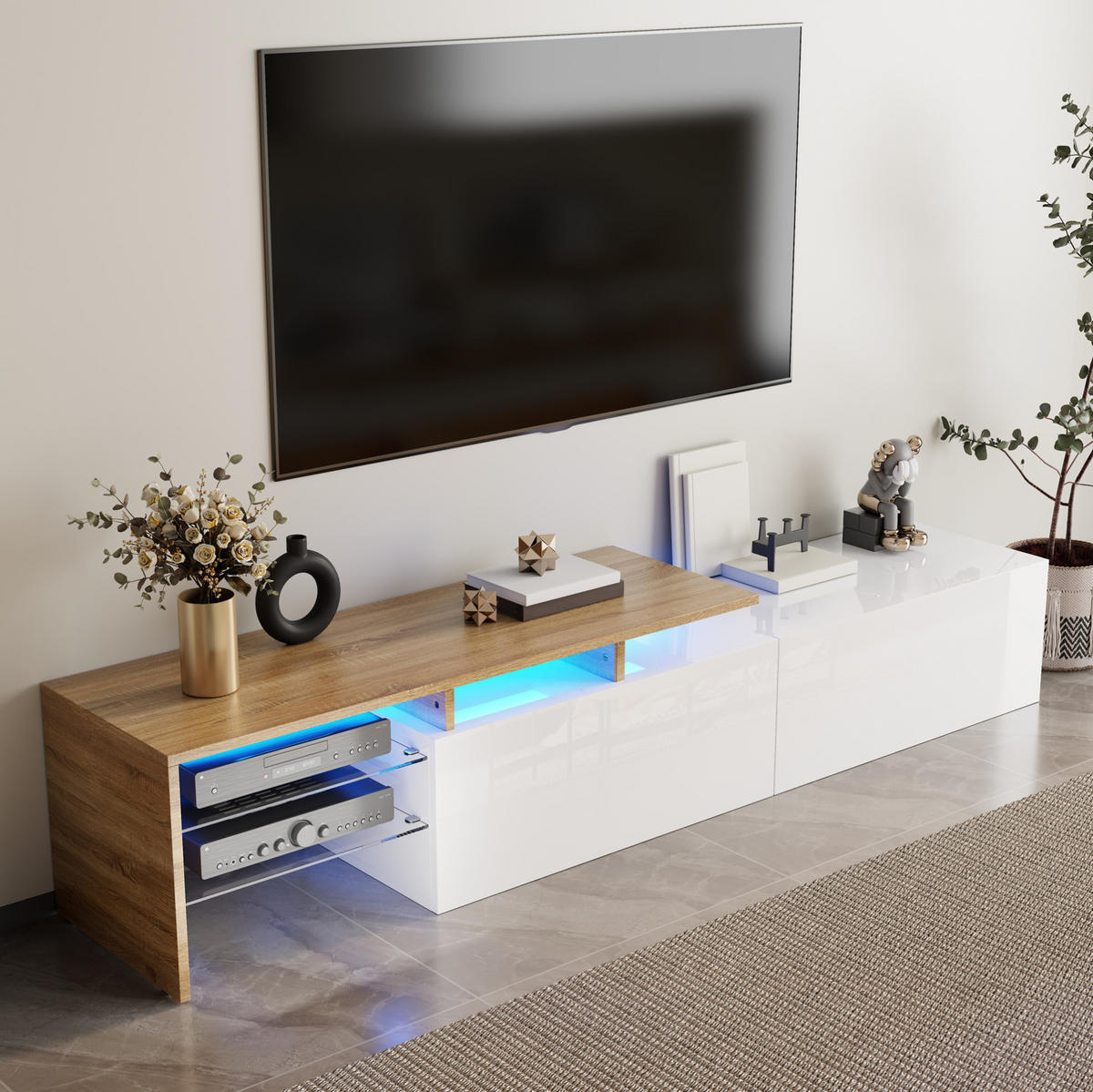 TV-LOWBOARD 170/33/33,5 cm in Weiß/Natur mit LED-Beleuchtung und Glasböden - Weiß, Holzwerkstoff (170/33.5/33cm) - Flora Grace
