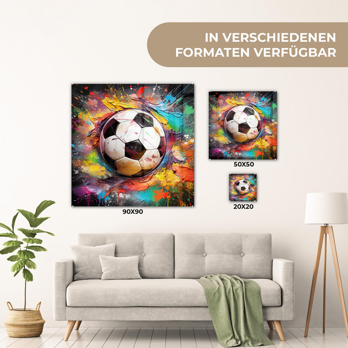ACRYLGLASBILD Fußball - Farbe - Farben - Schwarz - Weiß 90x90 cm - Weiß, Glas (90/90cm) - MuchoWow