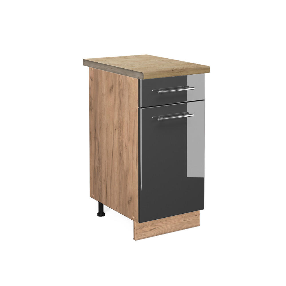 KÜCHENUNTERSCHRANK Fame-Line Anthrazit Hochglanz 40 cm, AP Eiche - Honigeiche/Schwarz Hochglanz, Holzwerkstoff (40/82/60cm) - Vicco