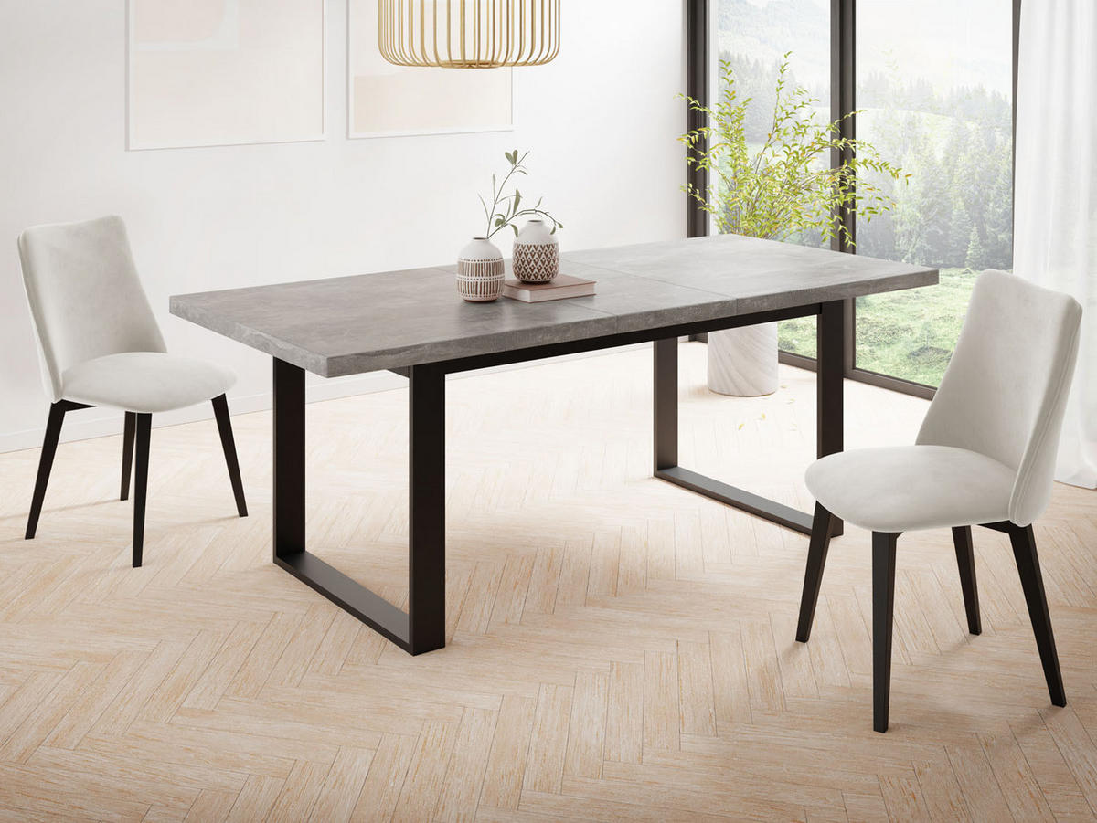 ESSTISCH Valentino rechteckig ausziehbar, Grauer Beton 140/180/80/75 cm - Hellgrau/Schwarz, Holzwerkstoff/Metall (140/80/75cm) - WFL GROUP