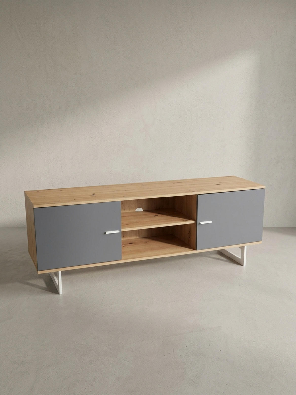 TV-LOWBOARD mit Eiche-Dekor und 2 Türen, modern, Braun-Grau 150x40x55 cm - Silberfarben/Braun, Holzwerkstoff/Metall (150/55/40cm) - KADIMA DESIGN