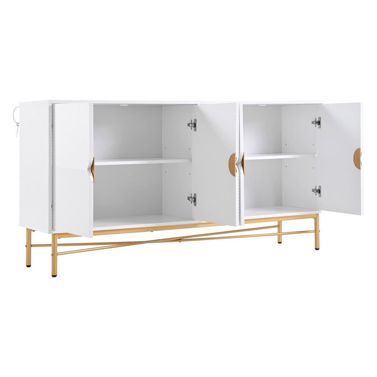 SIDEBOARD 160/40/82 cm mit 4 Türen in Weiß mit Strukturfronten & goldfarbenen Details - Weiß, Holzwerkstoff (160/82/40cm) - BEAOK