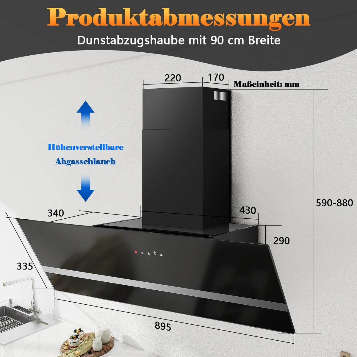 DUNSTABZUGSHAUBE Schwarz mit LED-Beleuchtung, Aktivkohlefilter, Filter - Schwarz, Metall (35.1/44.5/95.4cm) - Korfee
