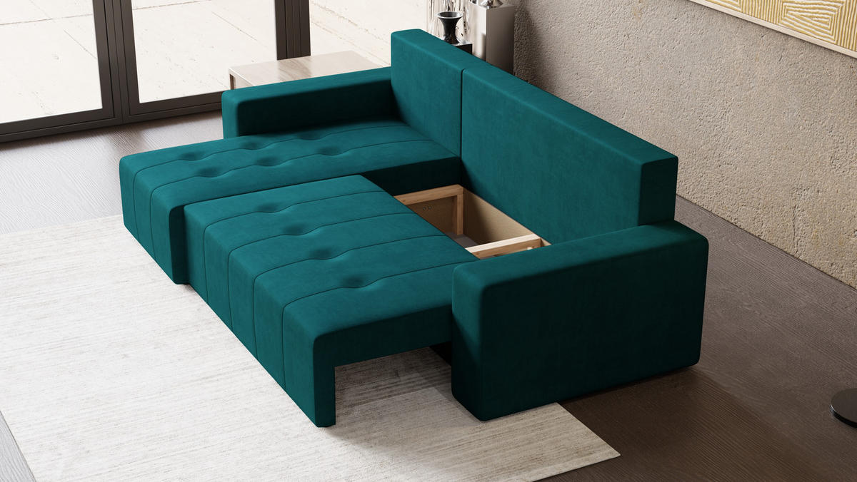 ECKSOFA Tico mit Bettkasten und Schlaffunktion, L-Form/XL-Form, Velourstoff, Universal - Türkis, Holzwerkstoff (246/145cm) - 4ALL HOME