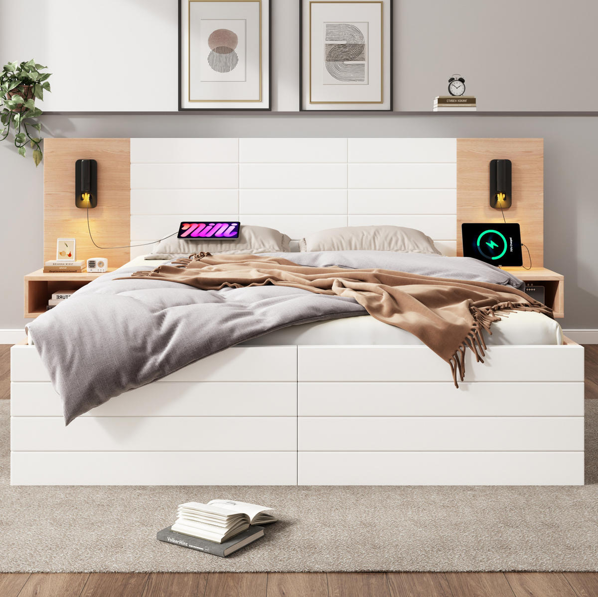 DVOJLŮŽKOVÁ postel 160/200 cm bílá a dub světlý z masivního dřeva a MDF s LED čtením, USB a úložným prostorem - bílá, kompozitní dřevo (160/200cm) - OKWISH