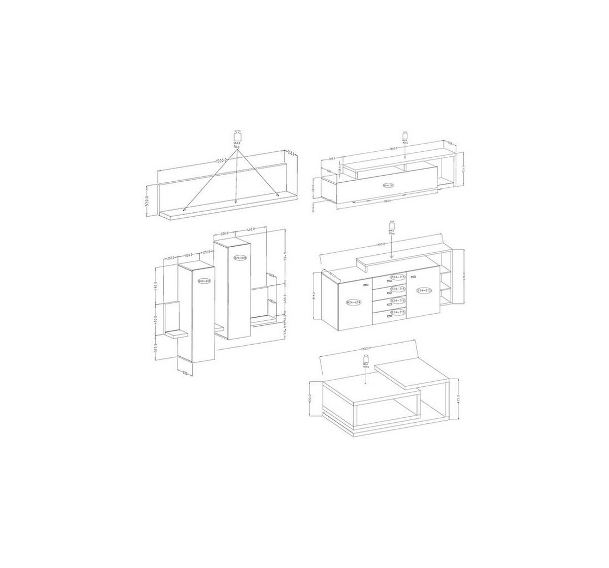 WOHNZIMMER-SET Bota anthrazit / ribbeck eiche 821 cm / 60 cm / 142 cm - Eichefarben/Braun, Holz/Holzwerkstoff (821/142/60cm) - Feldmann-Wohnen