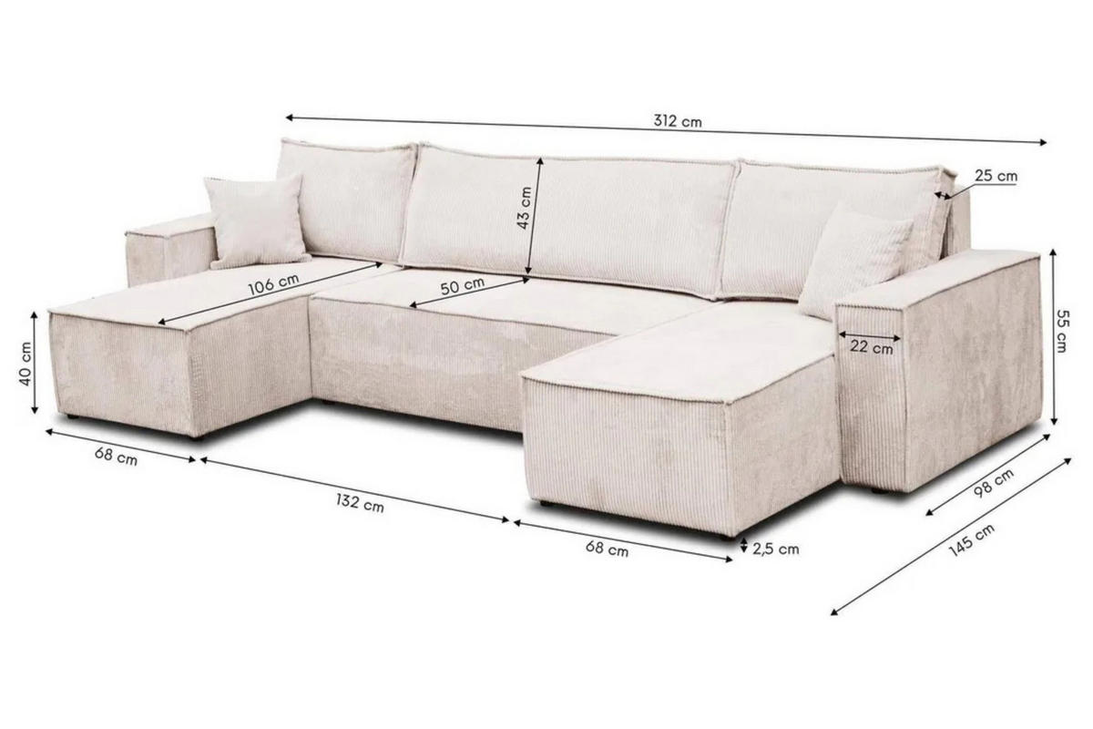 WOHNLANDSCHAFT Hugo U-Form Cordstoff mit Schlaffunktion und Bettkasten - Grün, Textil (312/83/142cm) - VENASI MÖBEL