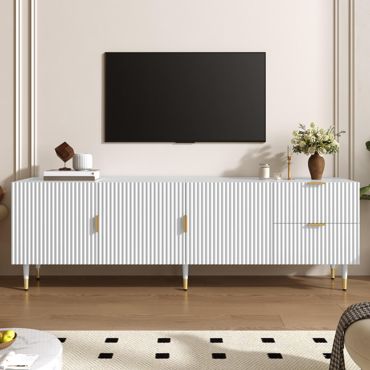 TV-SCHRANK mit Schubladen, goldenen Griffen und Beinen - Weiß, Holzwerkstoff (170/55/35.5cm) - FLIEKS