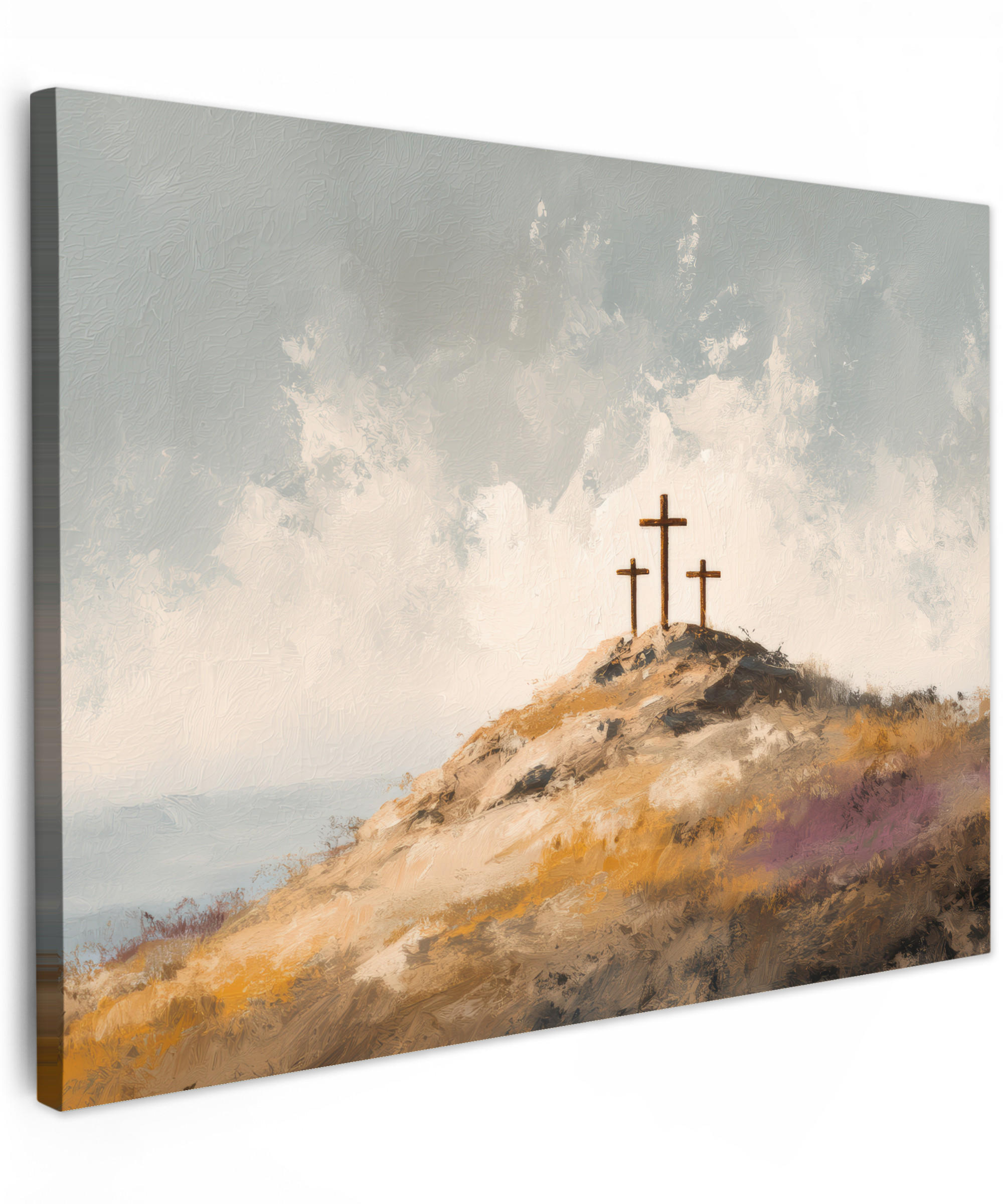 LEINWANDBILD Hügel - Abstrakt - Christentum - Kreuz Wandbilder 80x60 cm - Hellgrau, Textil (80/60cm) - MuchoWow