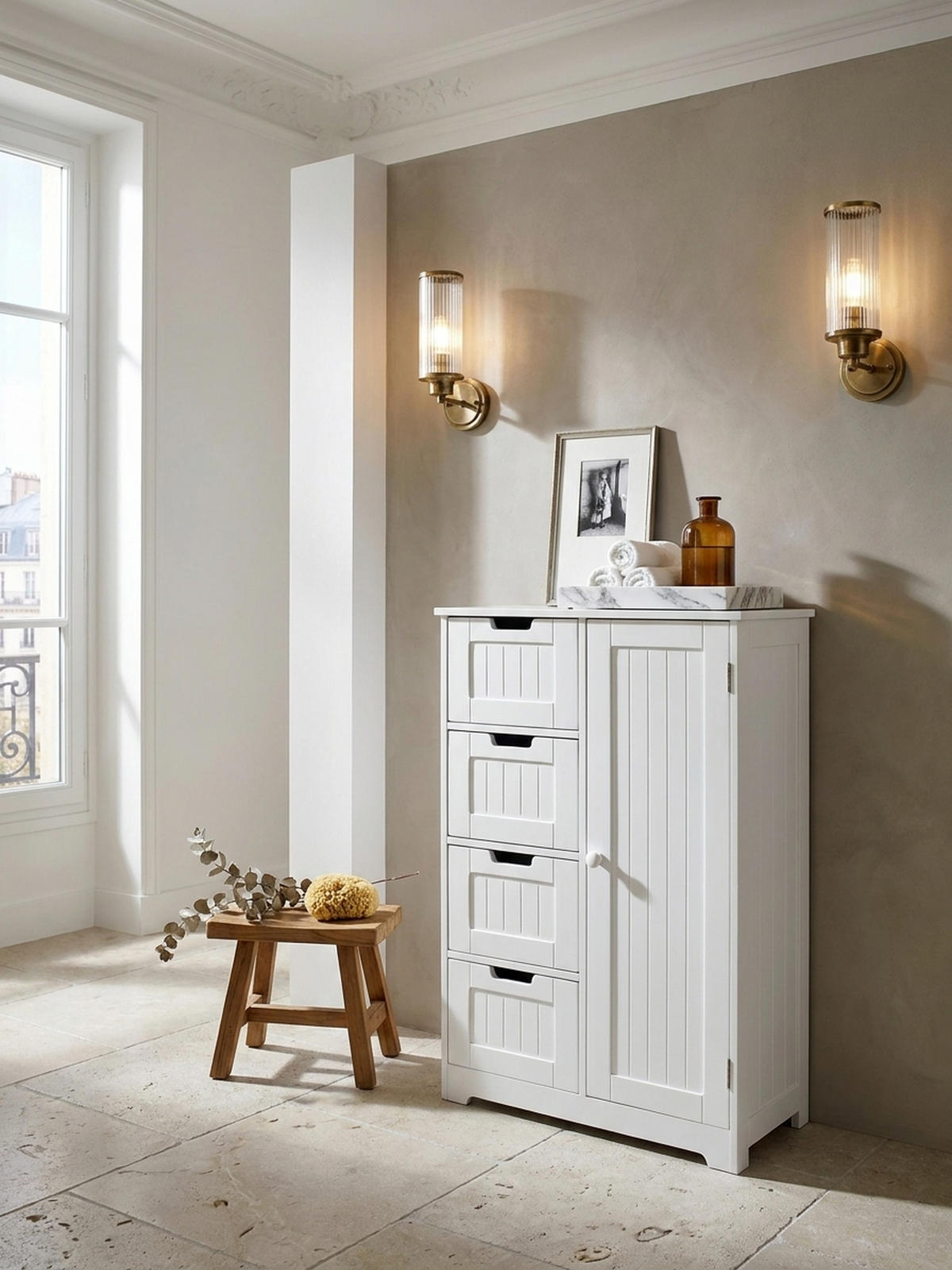 BADSCHRANK Weiß 30x83x30 cm im Landhausstil aus MDF mit 4 Schubladen - Weiß, Holz (56/83/30cm) - KADIMA DESIGN